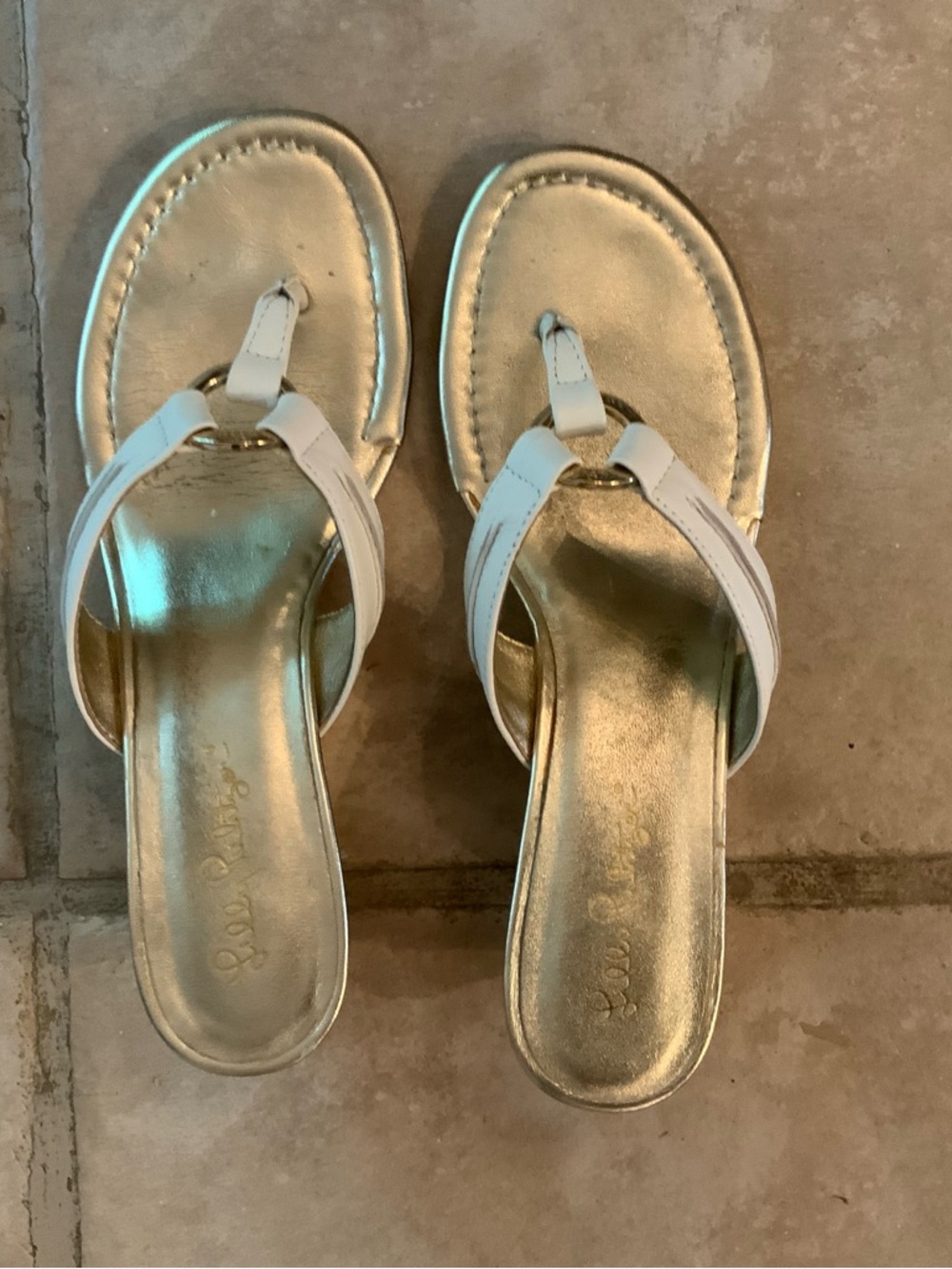 Lilly Pulitzer Metallic Gold Thong Sandals with White Straps - Women Shoes